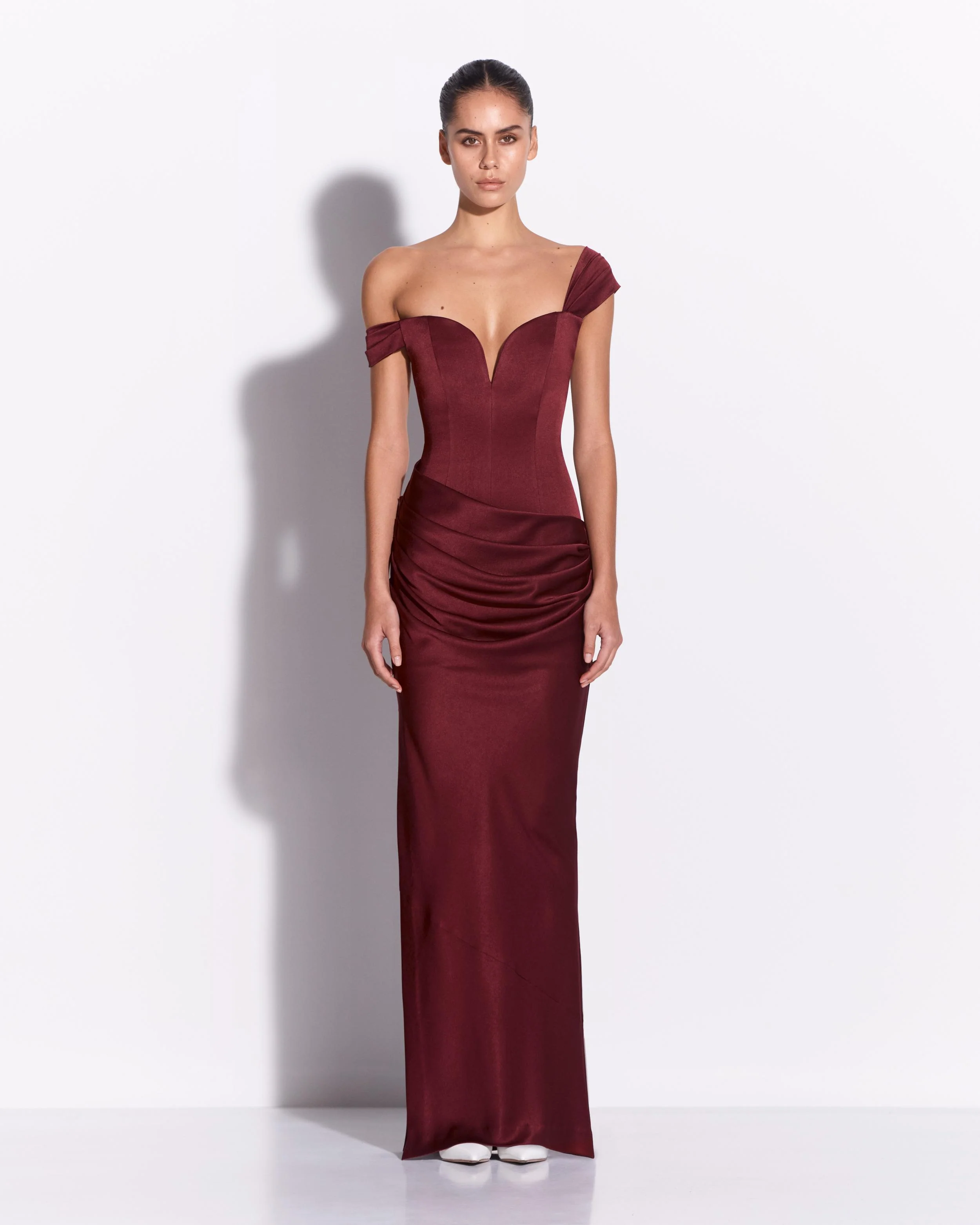 Longline Sweetheart Drape Column in Satin Crepe