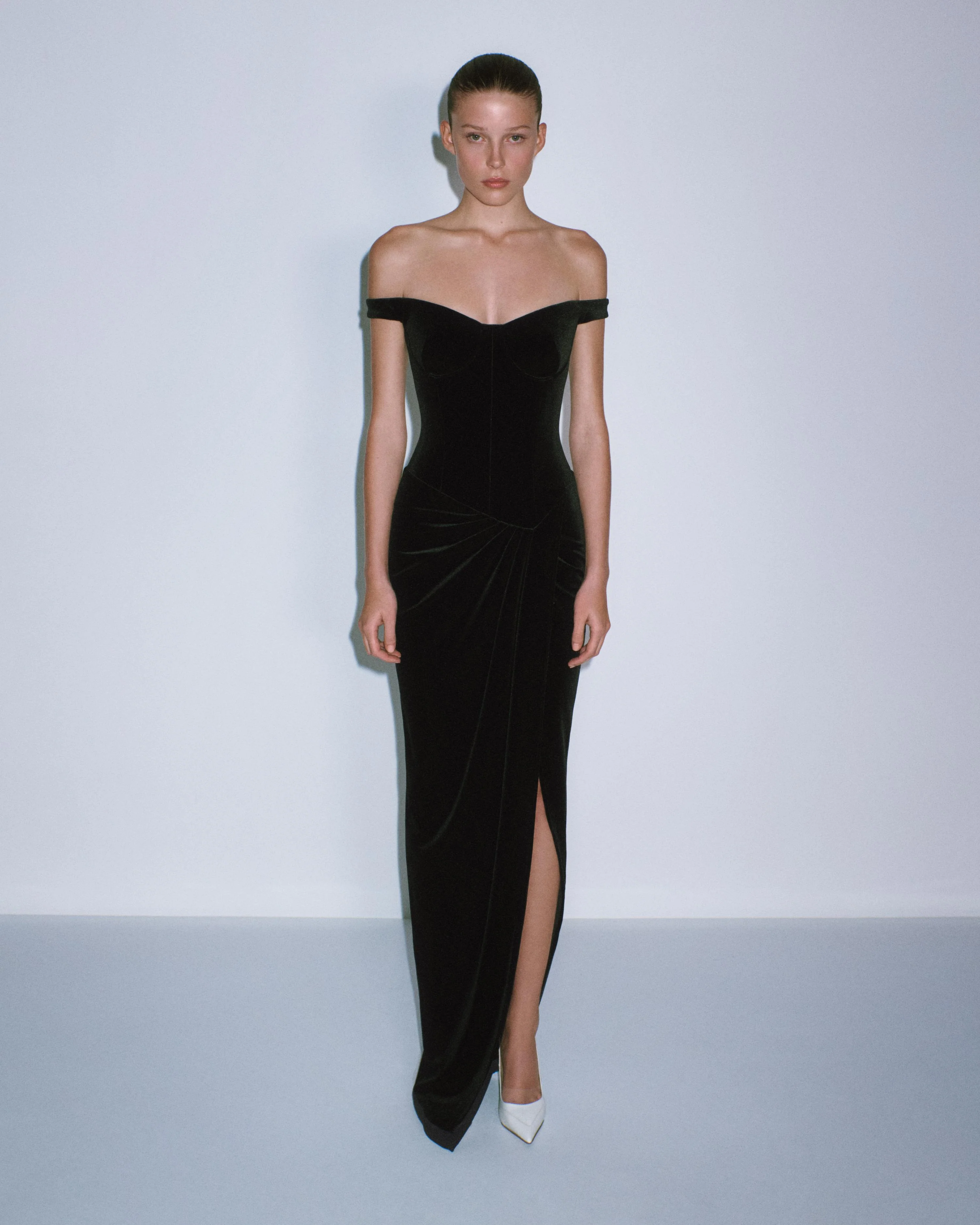 Off Shoulder Drape Gown in Velvet - Image 3