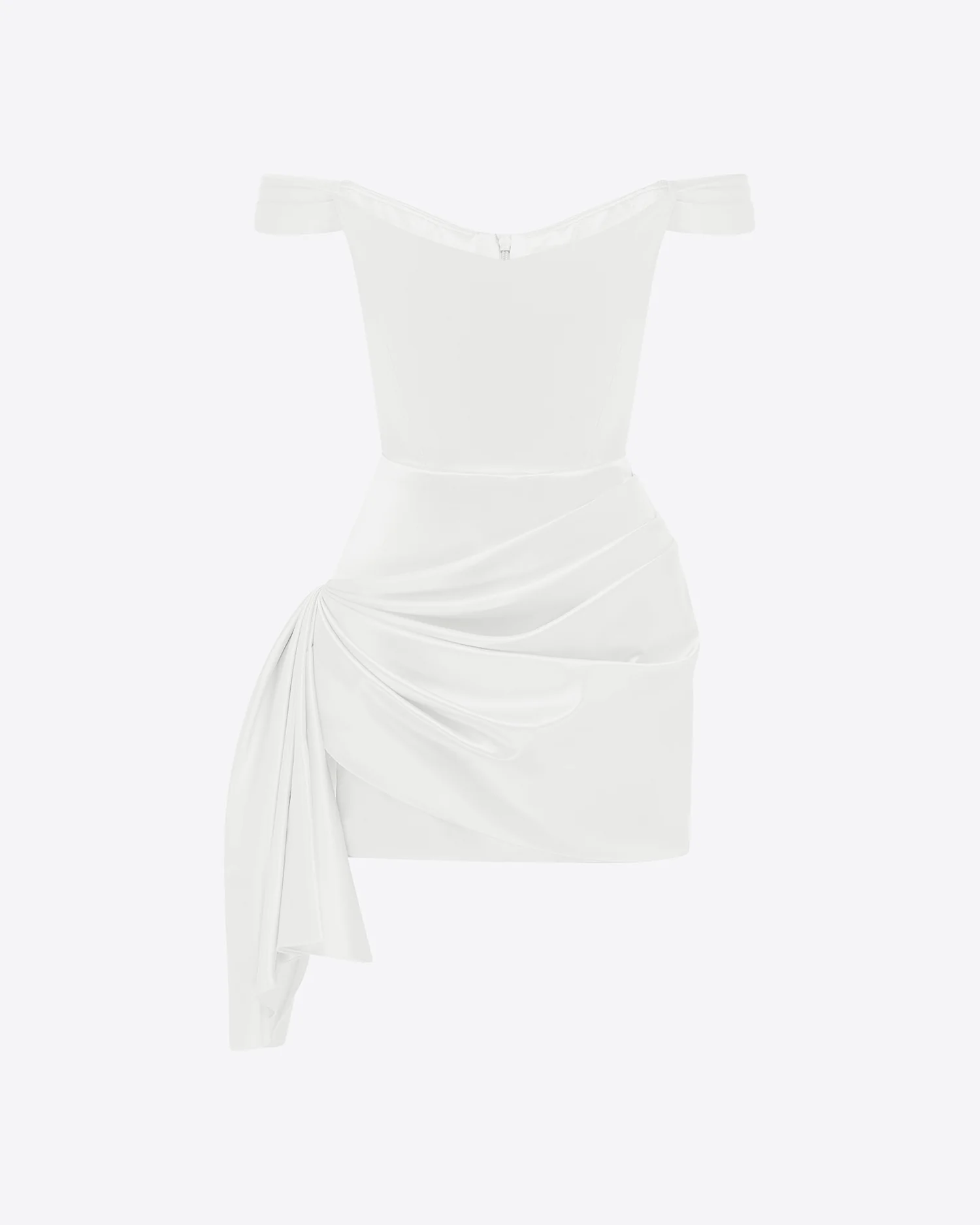 Off Shoulder Draped Mini Dress in Duchess Satin - Image 3