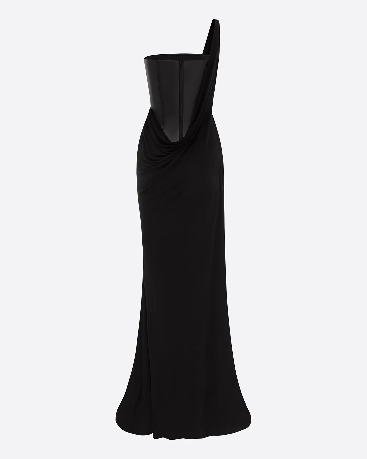 One Shoulder Asymmetric Gown in Leather & Jersey - Image 4