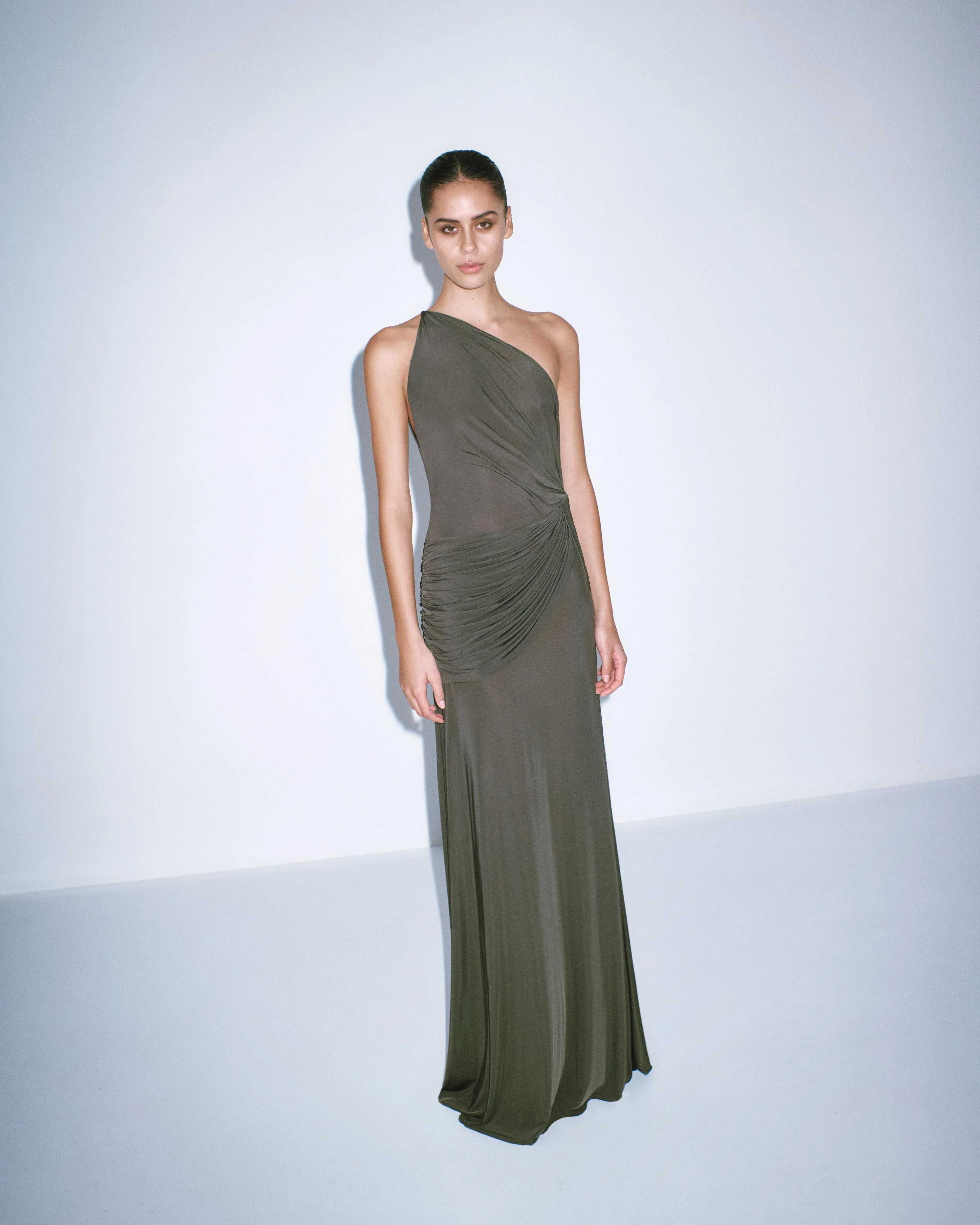 One Shoulder Twist Gown in Jersey