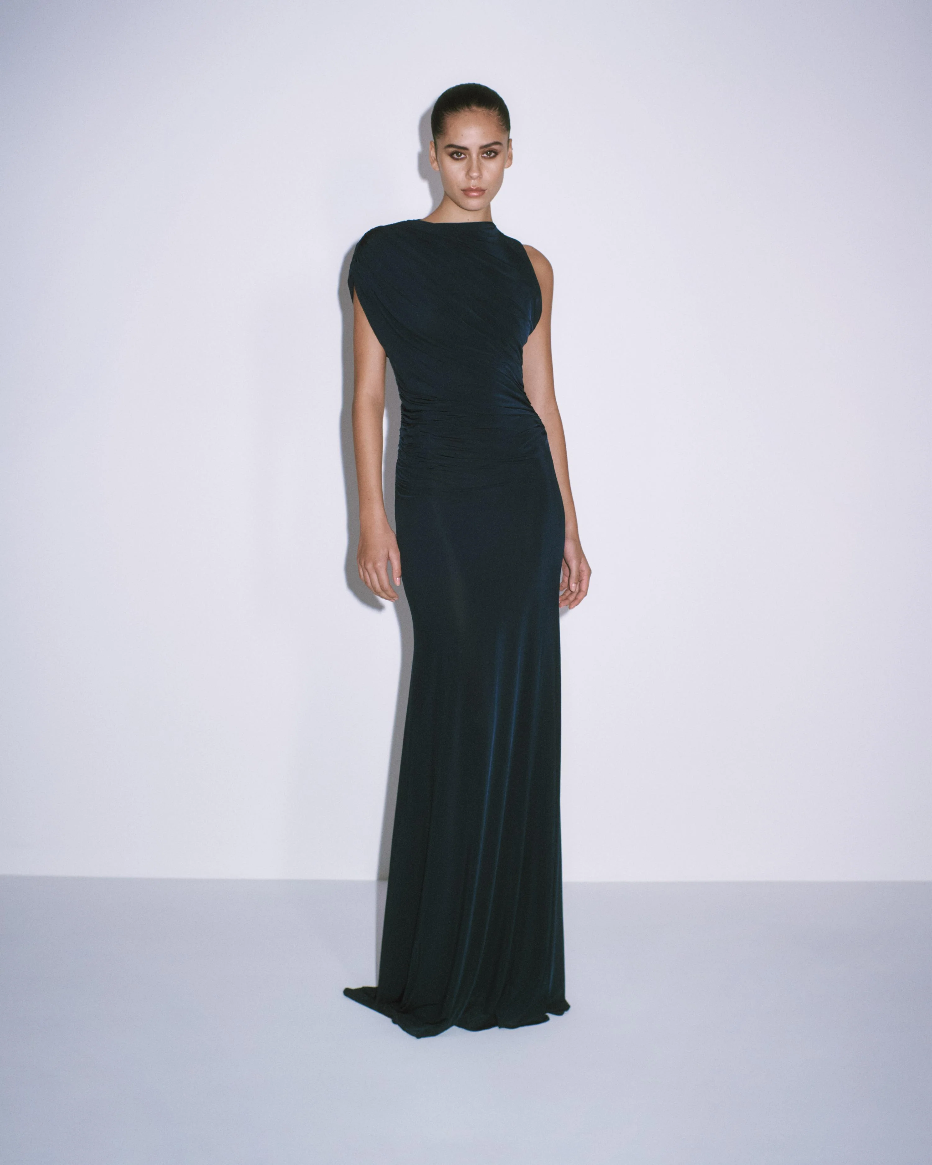 Sleeveless Ruched Gown in Jersey