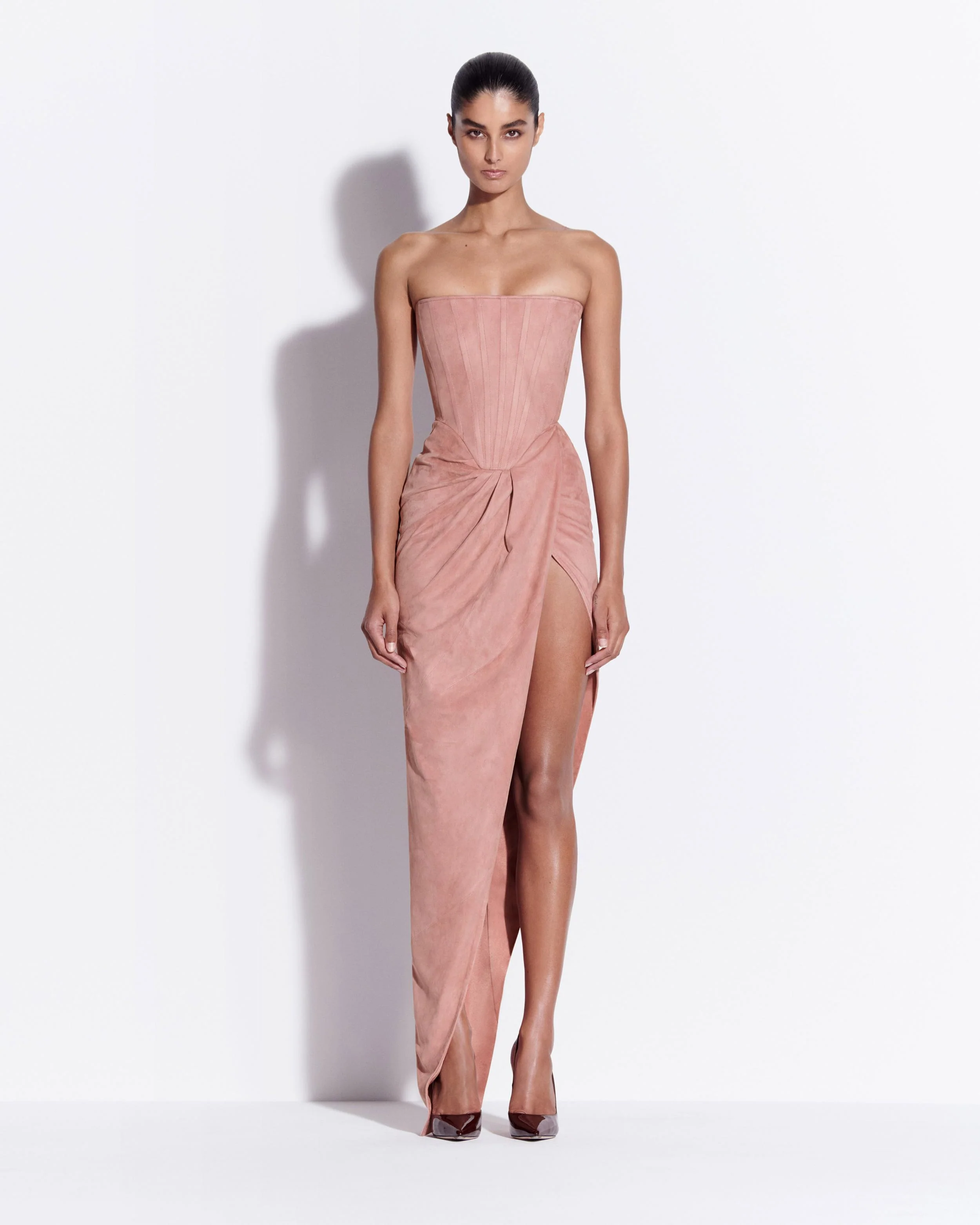Strapless Corset Drape Gown in Suede