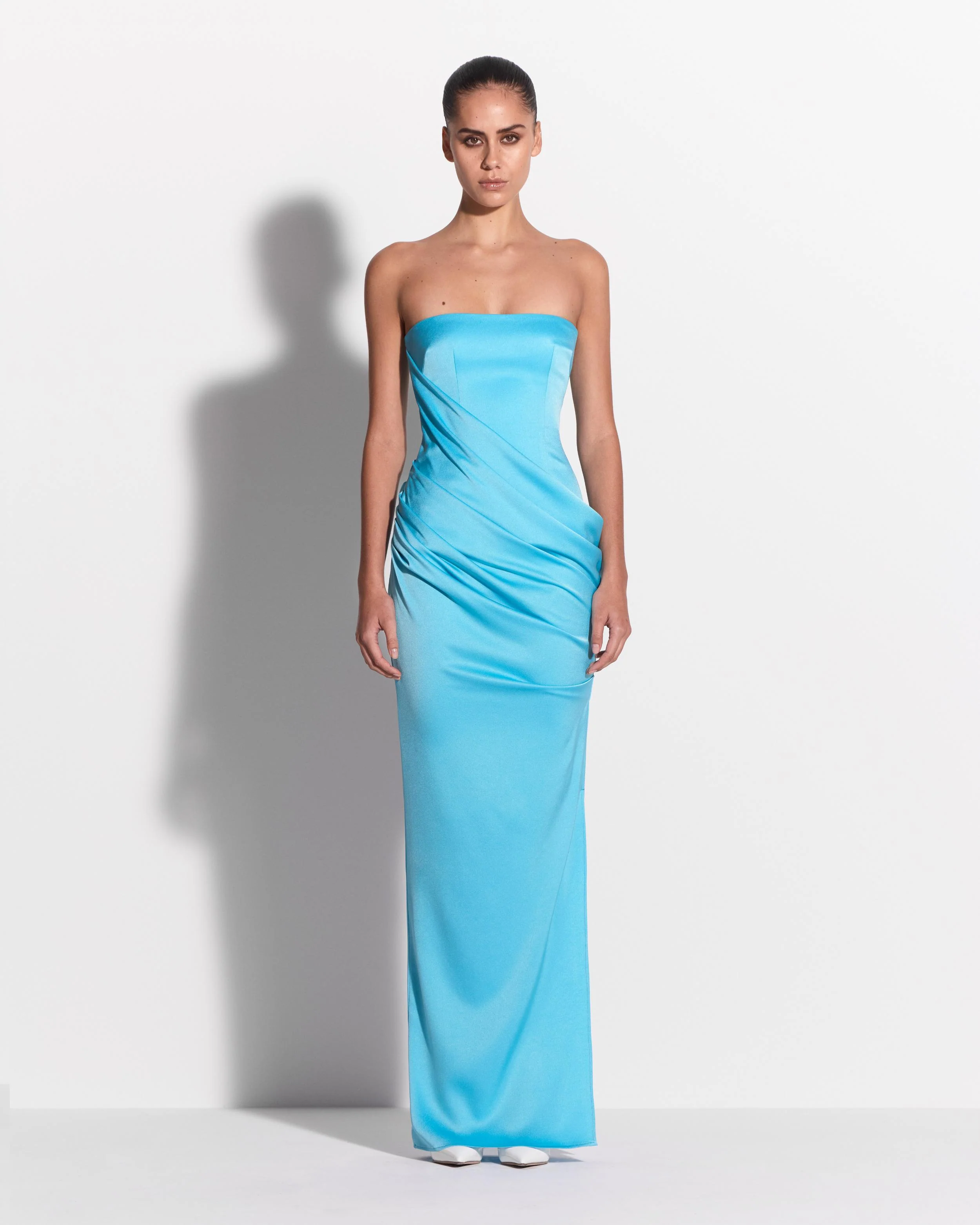 Strapless Drape Longline Column in Satin Crepe