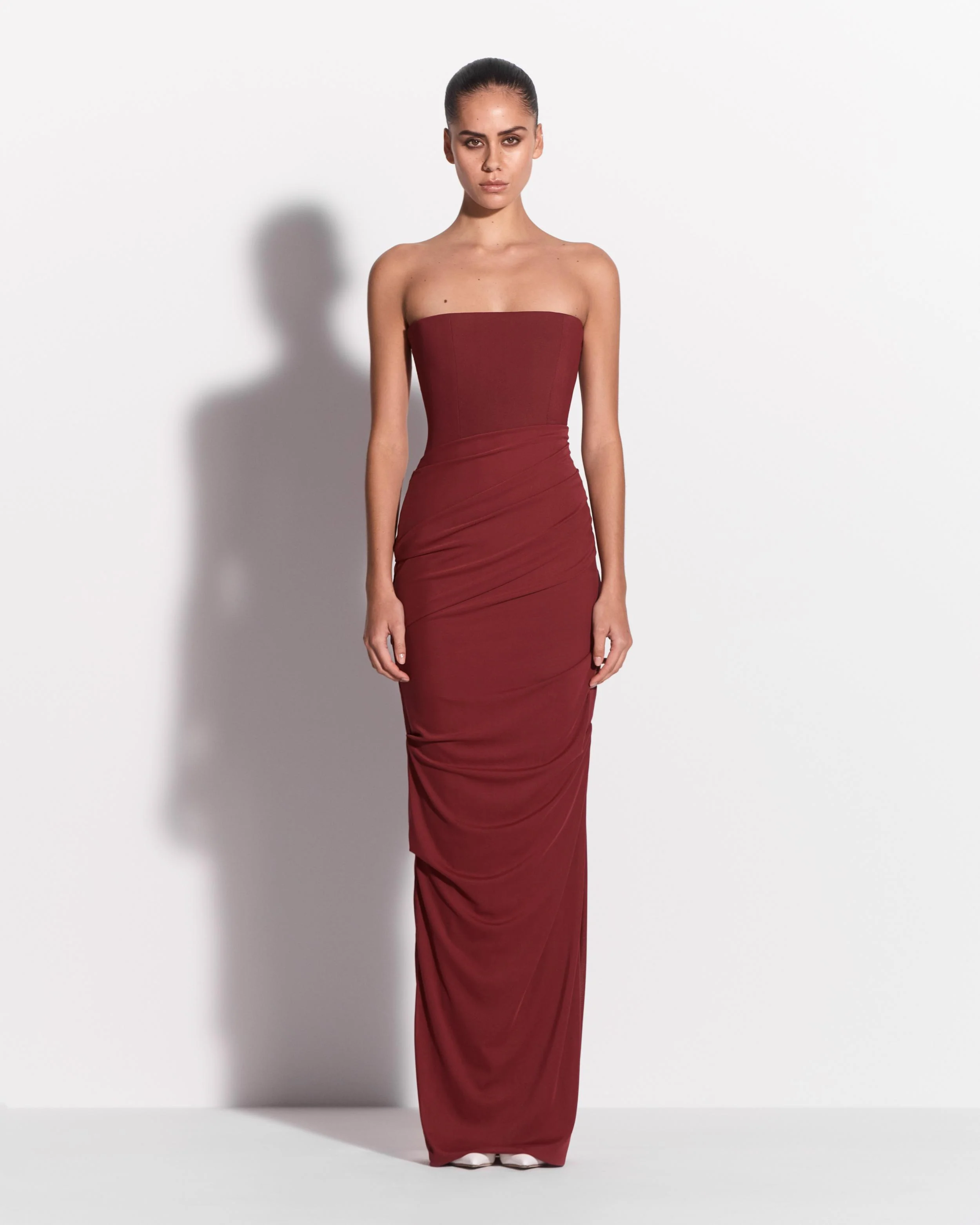Strapless Tucked Column in Stretch Mesh
