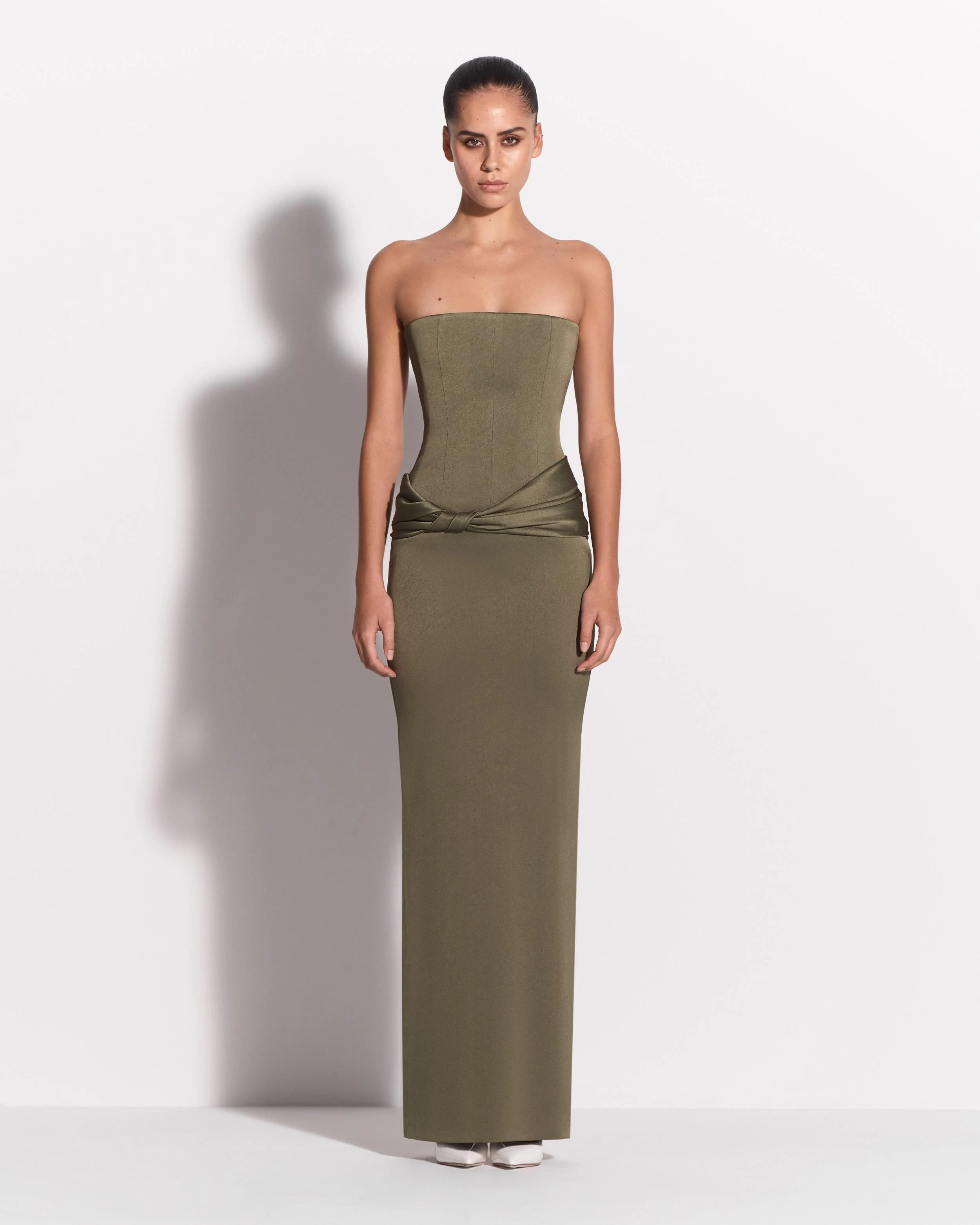Strapless Twist Drape Column in Satin Crepe